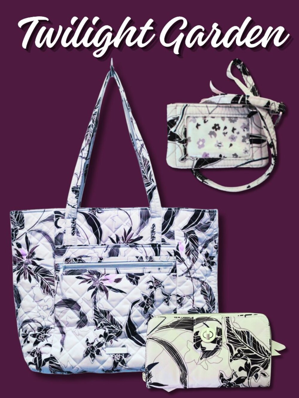 Vera Bradley Twilight Garden Tote Wallet & Zip ID Set Performance Twill 3pc